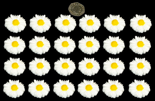 24 x Edible 3D 35mm daisies daisy flowers, cake, cupcake toppers yellow centers